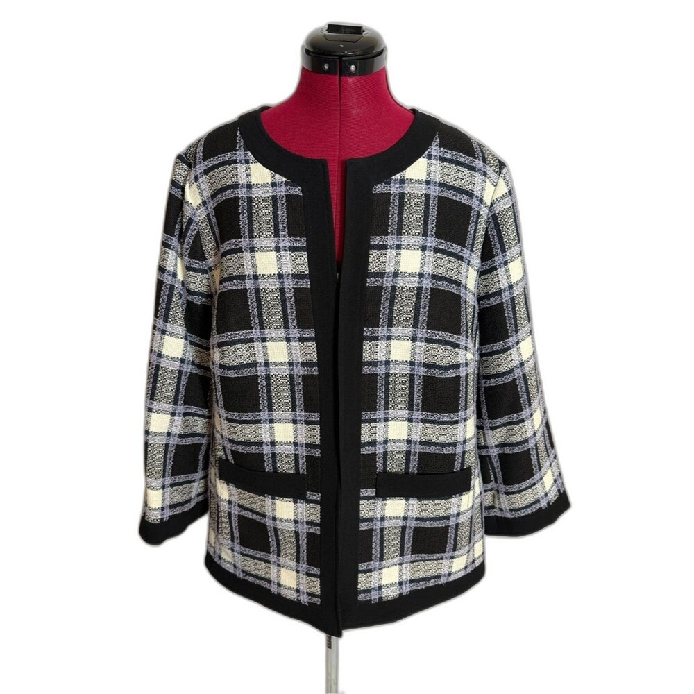 Kasper Open-Front Blazer Size 16W Black & White Plaid Open Front 3/4 Sleeves